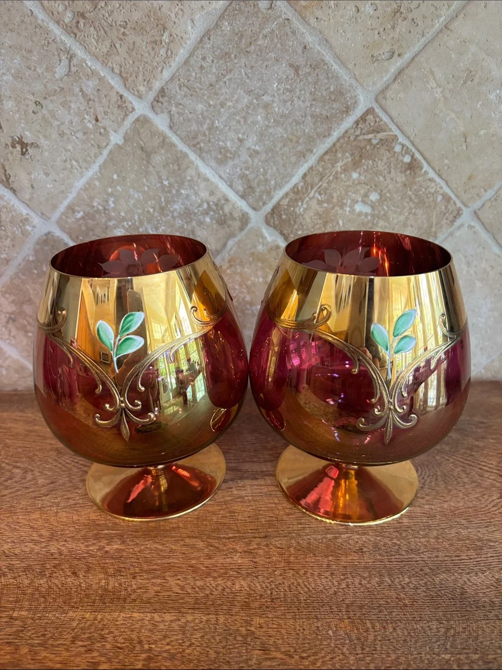 Vintage Bohemian/Czech Hand-Painted Floral Brandy Glasses - Set of 2
